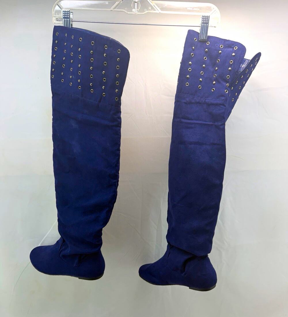 Modern Blue Thigh-High Over the Knee Boots Grommets Pull On Round Toe 6.5 edgy
